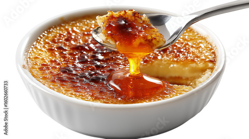 Crème brûlée scoop with caramel drip on transparent