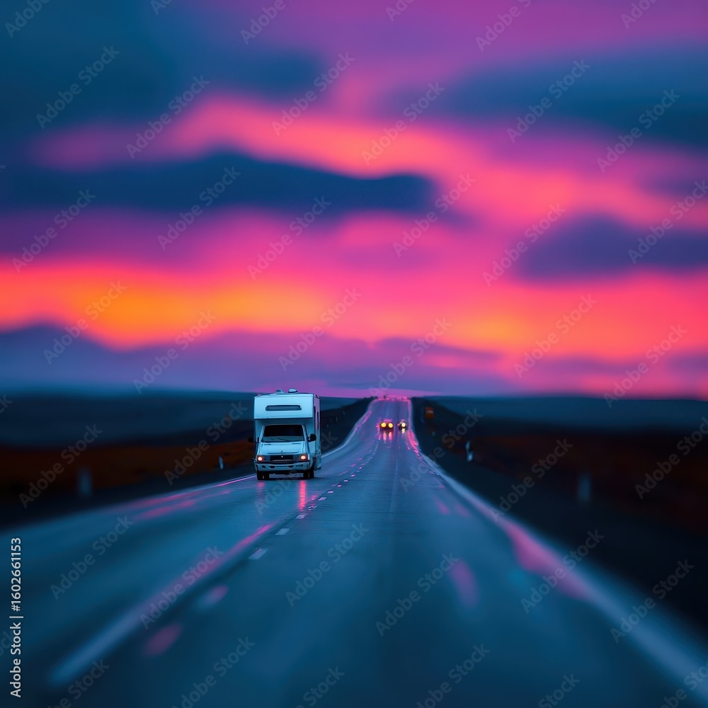 Obraz premium A campervan on a wet road at sunset.