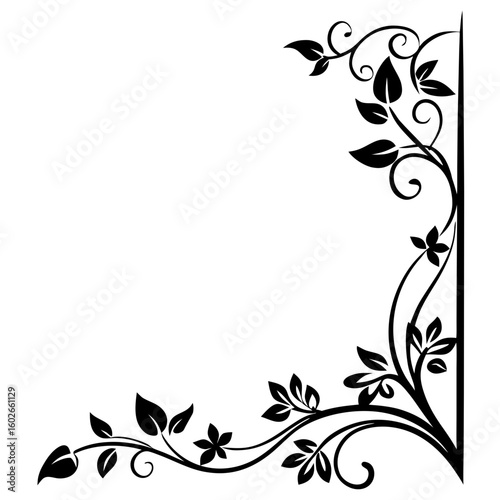 Elegant black floral corner flourish design enhances invitations and decorative projects with timeless beauty