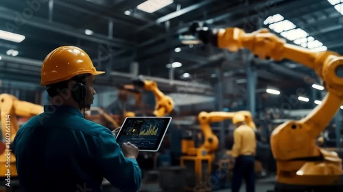 Industrial worker uses a tablet to manage sophisticated robotic systems in a high-tech factory.