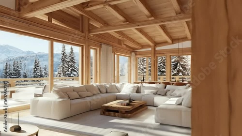 Luxurious mountain lodge interior with a comfortable living space and breathtaking snowy landscape.