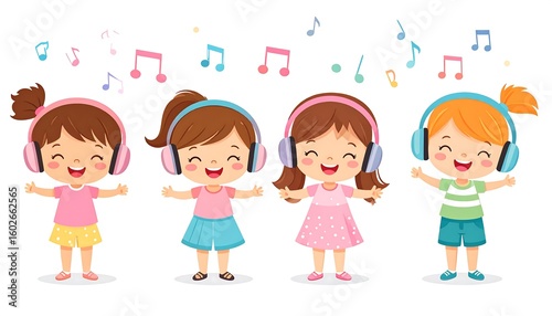Four happy children wearing headphones and singing