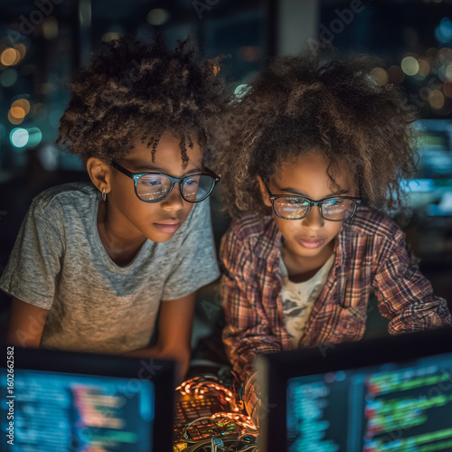 Two young girls are looking at a computer screen with a lot of code on it. They are wearing glasses and seem to be focused on the screen. Concept of curiosity and interest in technology