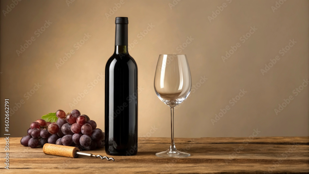 Fototapeta premium A dark bottle of red wine stands beside a clear wine glass on a wooden table. Fresh grapes are arranged nearby, and a corkscrew lies ready for use, creating an inviting setting