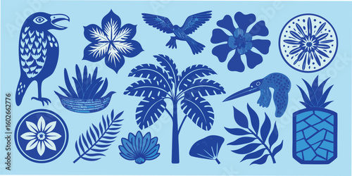 Hand drawn blue botanical and animal elements arranged on a white background providing a versatile design asset