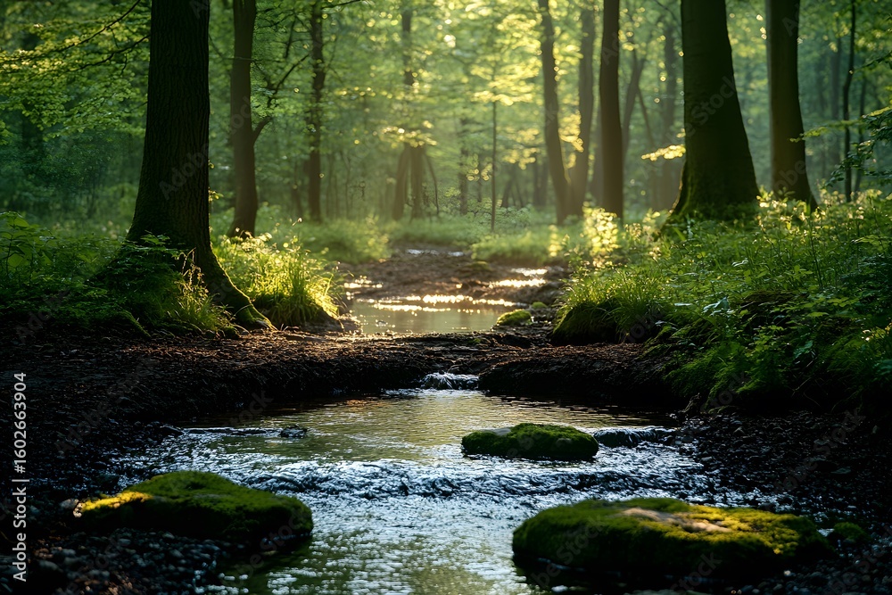 Obraz premium Stream, sun, trees, soft light.
