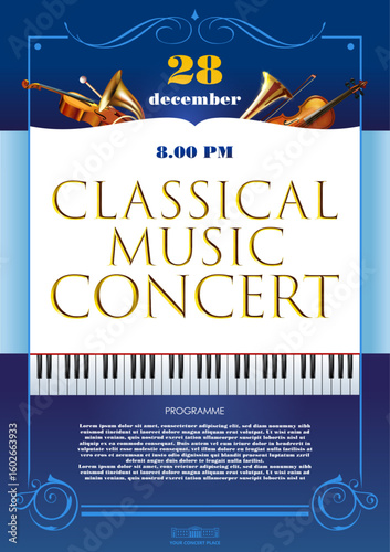 Classical music concert, festival, contest advertising poster template. Stylized music notes, violin, piano keys, brass wind instruments, five lines stave, treble clef, orchestral cymbals. 