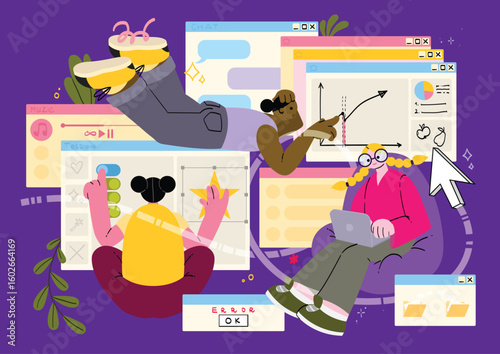 Cartoon characters with web interface in memphis style. Open tabs and folders, teamwork, websites. Surfing the internet vector illustration. Cartoon style