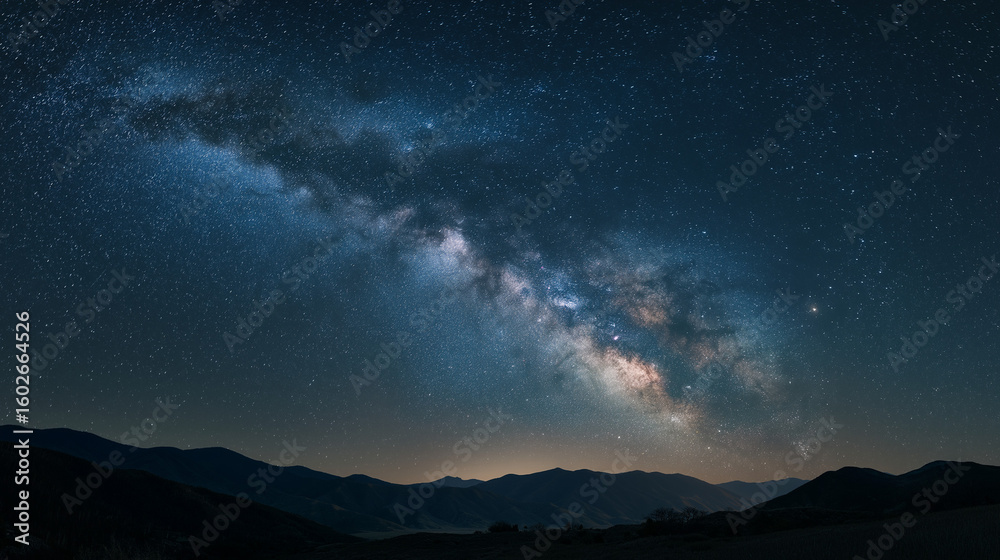 Fototapeta premium Milky Way galaxy stretching over a dark mountain horizon, astrophotography style