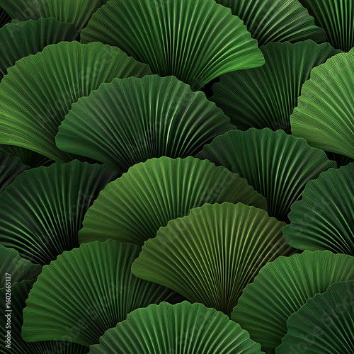 Overlapping fan-shaped palm leaves creating a green pattern, ultra-realistic, vivid greens