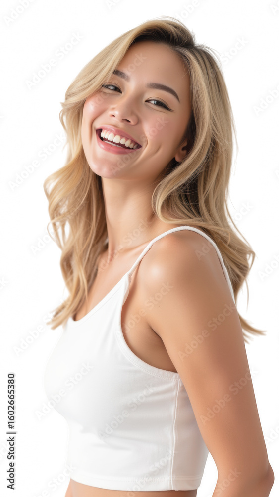Smiling woman with long blonde hair wearing white tank top, exuding joy and confidence. Bright background enhances her cheerful expression Smiling woman with long blonde hair wearing white tank top, exuding joy and confidence. Bright background enhances her cheerful expression