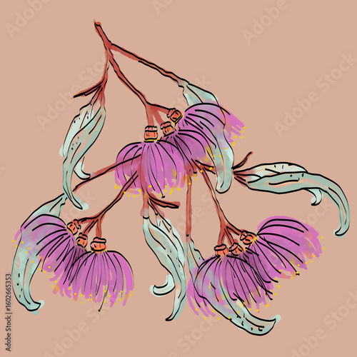 Close up hand drawn pink gum flowers, red stems and green leaves