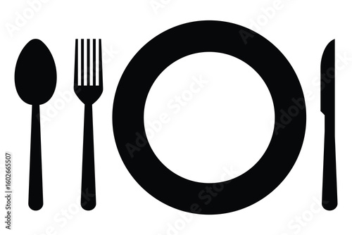 Fork, spoon, knife and plate icon vector silhouette. Menu symbol. Tableware instruments. Food, plate, fork, knife, spoon vector illustration.