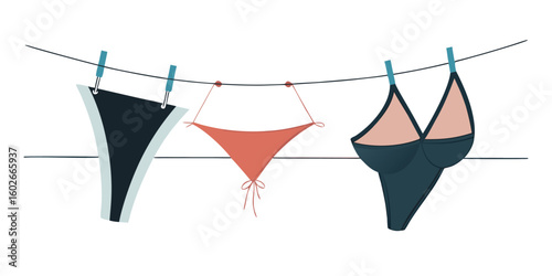 Illustrated swimsuits hanging on a clothesline depicting summer fashion and beachwear, with a transparent design