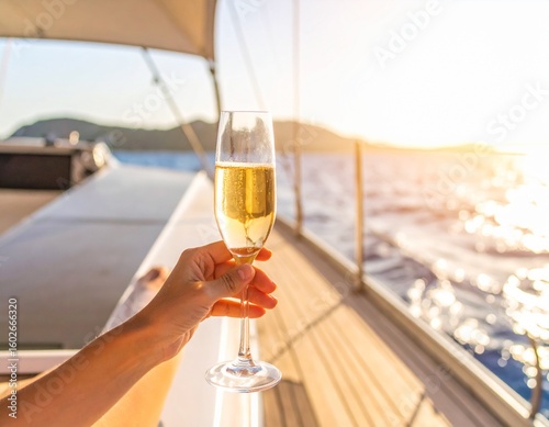 hand holding champagne on boat