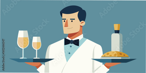Illustration of a smiling waiter serving wine glasses cheese and a bottle in a vector graphic style