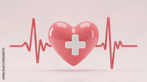 Heart Health Symbol with Medical Cross and ECG Line