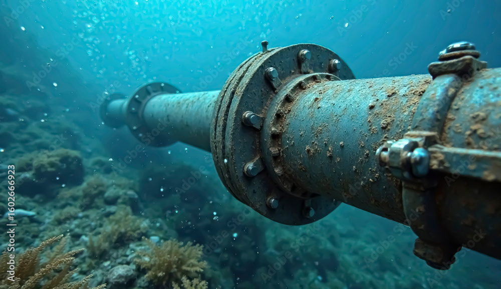 Fototapeta premium Beneath the surface of the tranquil sea, a corroded pipeline stretches across vibrant coral reefs. Light filters through the water, illuminating marine organisms thriving in the habitat