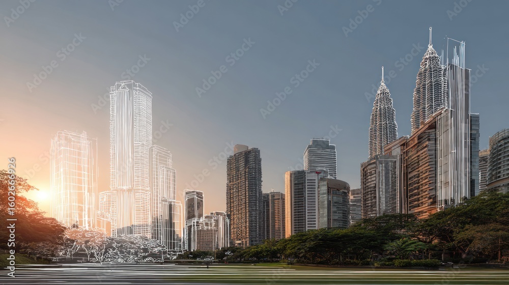 Obraz premium City skyline with architectural blueprints overlaid.