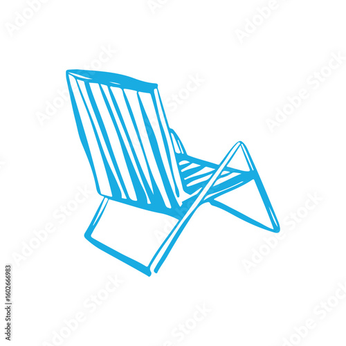 Beach lounge chair isolated on white background. Summer vector illustration of lounge chair for seaside vacation in doodle style. Striped lounge chair icon in blue color