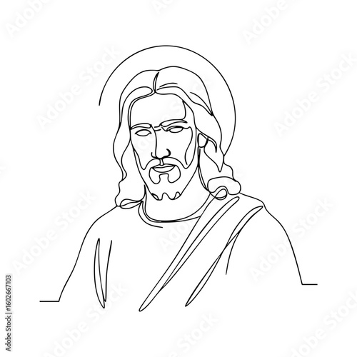 Vector line art portrait of Jesus Christ with crown of thorns, continuous line minimalist sacred illustration.