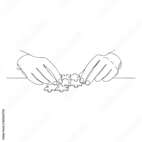 Vector line art of hands assembling puzzle pieces, teamwork concept in minimal continuous one line drawing
