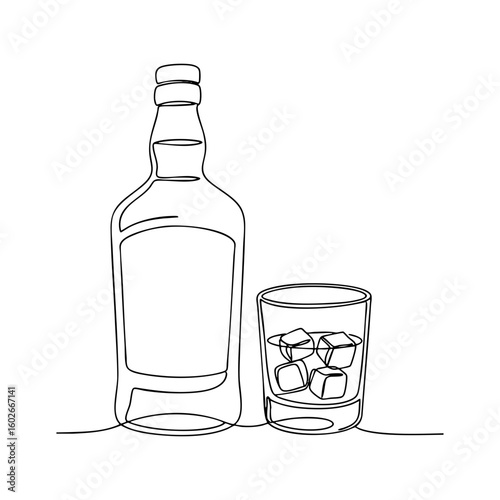 Vector line art of whiskey bottle and glass with ice cubes, continuous one line bar illustration