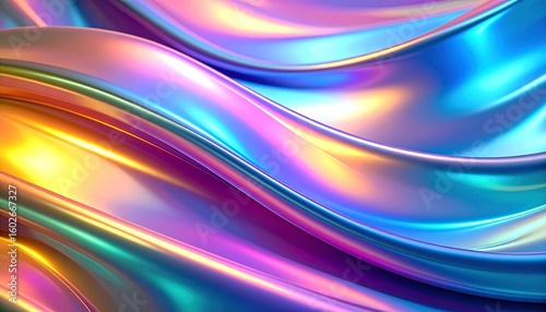 Vibrant abstract wave pattern in glossy gradient colors including blue, purple, pink, green, and yellow, featuring smooth curves and fluid metallic texture. Isolated for dynamic visual pres