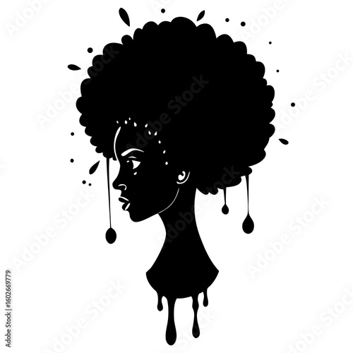 Silhouette of a beautiful African American woman with afro and dripping paint