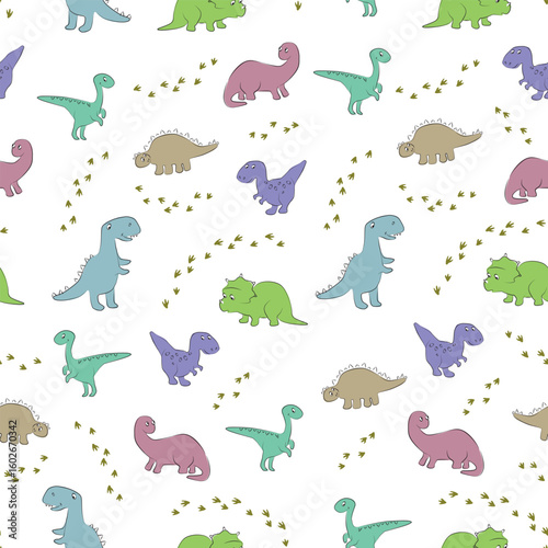 Pastel seamless dinosaur pattern with scattered dots on white background for baby products and fabrics