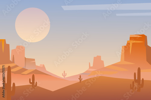 Desert Landscape Illustration with Cacti and Mountains