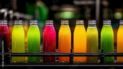 Vibrant glass bottles filled with colorful beverages move along a modern production line.