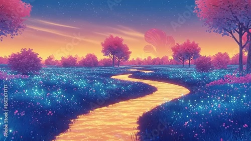 A vibrant, dreamlike landscape with a winding river.