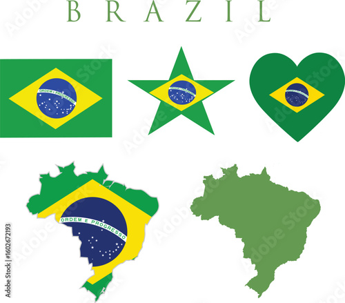 Brazil flag and map set. brazil flag in official colors, Independence day 7 September, map, circle and heart shaped Brazil