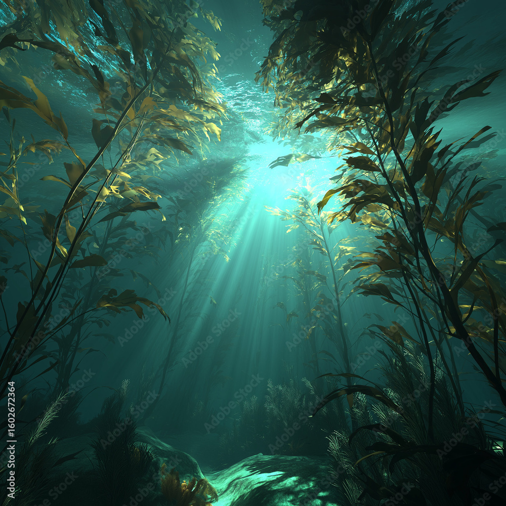 Fototapeta premium Underwater kelp forest swaying in gentle current, realistic, greenish-blue light rays