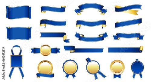 Elegant Blue and Gold Ribbon and Badge Set – Vector Decorative Elements for Awards and Celebrations
