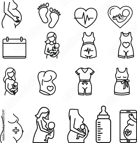 Pregnancy and Motherhood Line Icon Set - Maternity Care and Baby Development Vector Collection
