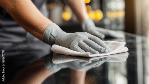 A worker in gloves is wiping a restaurant table to prepare for customers during lunchtime.