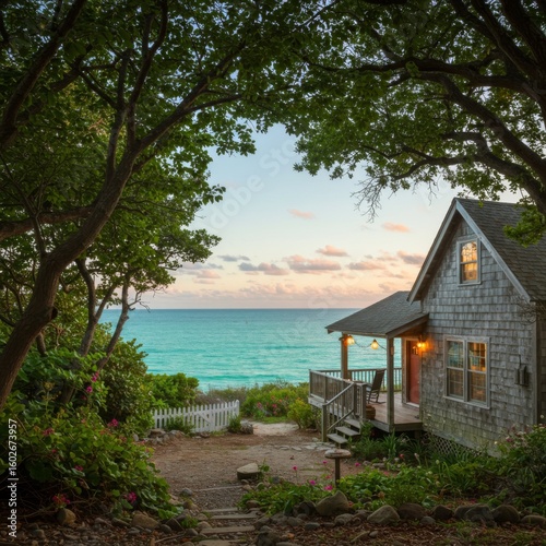 Coastal Cottage at Sunset with Ocean View