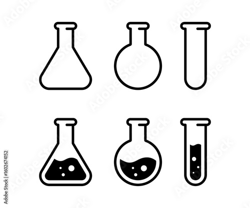 Test tube black vector icon. Chemistry lab flask symbol. Laboratory icon set. Chemical test tube. Glass tube. Flask template. Vector illustration