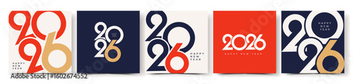New Year 2026 logo design template set with numbers in blue, red white and gold colors. Elegant minimalist vector illustration for branding, calendar, invitation, greeting card, banner, poster