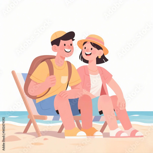 Travel Couple Sitting At Beach
