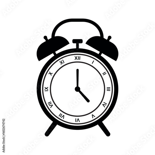 Classic black alarm clock icon featuring Roman numerals and twin bells. Ideal for vintage-themed projects, punctuality concepts, reminders, and antique-style time-related illustrations.