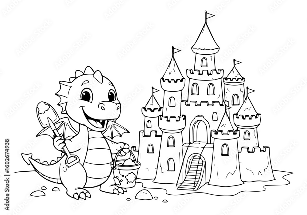 Fototapeta premium Kids coloring page happy cartoon dragon with sandcastle at the beach