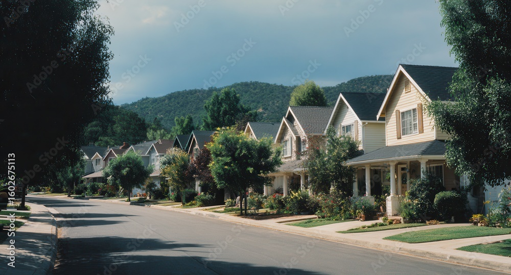 Naklejka premium Vibrant photo of row of beautiful homes in the suburbs, showcasing various architectural styles and colors. The street is lined with lush green trees on both sides, creating an.