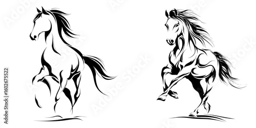 Continuous one line drawing is used to create a modern black and white horse logo illustration, which can be applied to different materials like logos, cards, banners, posters, and flyers