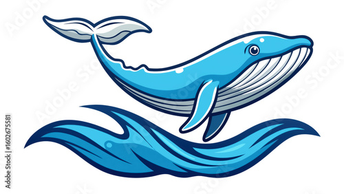 A striking flat vector illustration features a blue whale frolicking in the sea, surrounded by stylized blue waves. The artwork captures a lively and colorful aquatic scene