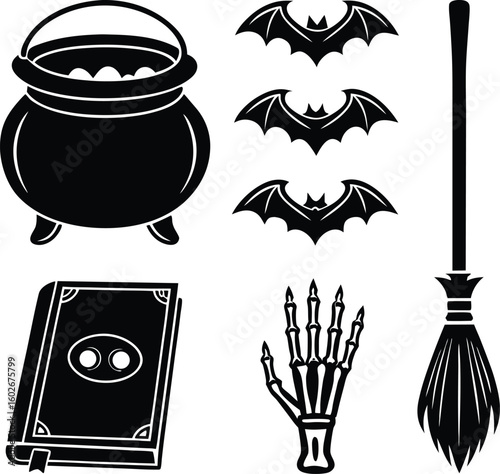 Halloween icons featuring a cauldron bats broom book and skeleton hand