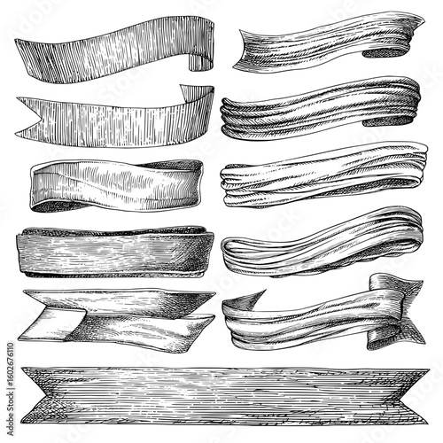 A compilation of vintage hand drawn ribbons is offered, accompanied by a selection of retro labels, banners, and logo elements, intended for use in logotype design, with the entire collection