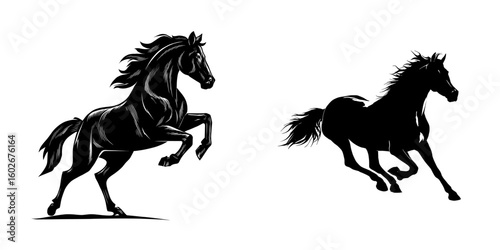 A galloping horse is shown in a black silhouette, jumping, against a white backdrop, viewed from the side